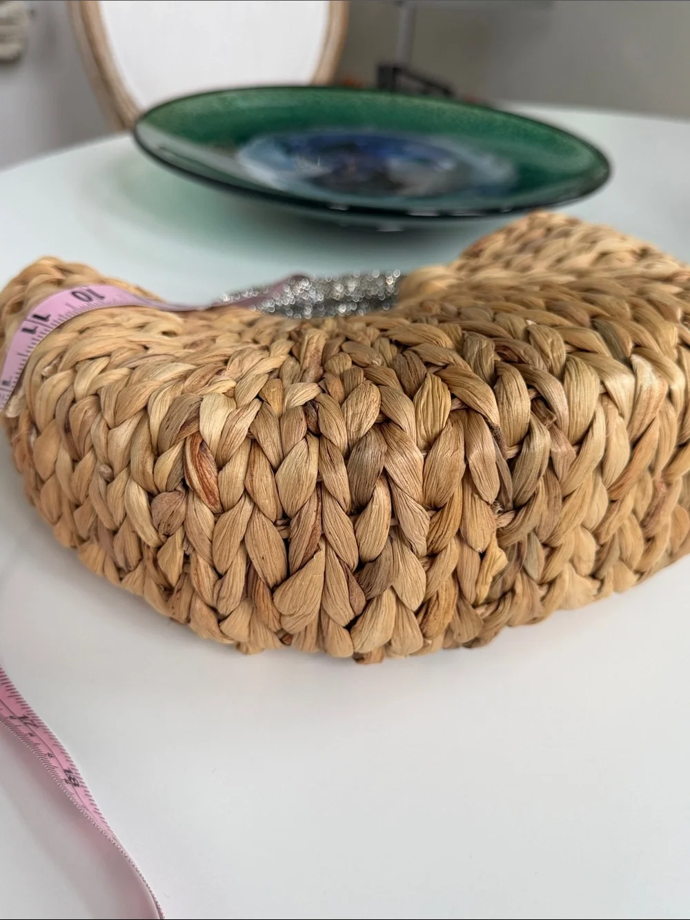 Unbranded Natural Woven Straw Handbag with Rhinestone Handle